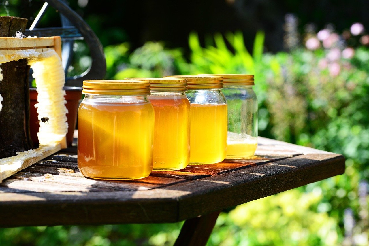honey, nature, jars, harvest, bees, garden, honey jars, glass containers, glass jars, golden, pure, raw