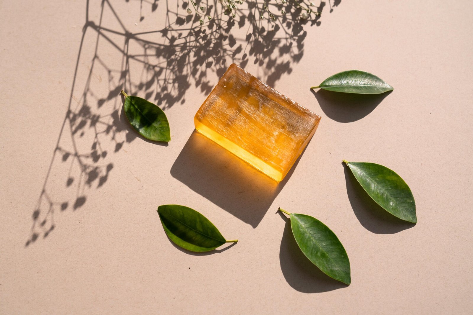 Flat lay of a natural soap bar with green leaves and shadows on a beige surface.